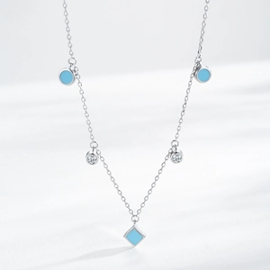 S925 sterling silver Bohemian choker necklace with blue square and round charms