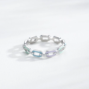 S925 sterling silver chain ring with colorful enamel and pavé-set crystals in a sleek design