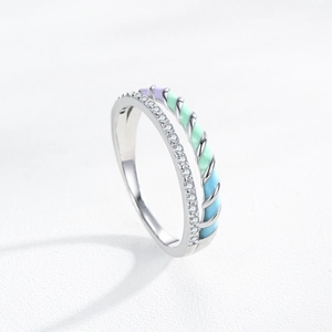 S925 silver double layer ring featuring gradient enamel and sparkling pave set zircons