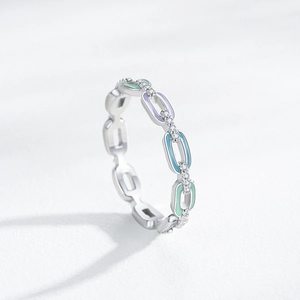 S925 silver chain ring with multicolor enamel and sparkling cubic zirconia stones