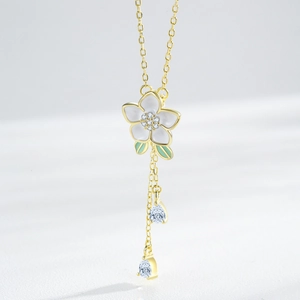 Élégant collier orchidée en argent S925 avec glands dorés et pendentifs en zircon brillant
