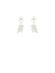 Detail of S925 silver daisy earrings with enamel petals and marquise zircon leaves