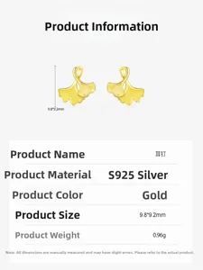 Detailed size and specs chart for S925 silver ginkgo leaf stud earrings in gold finish