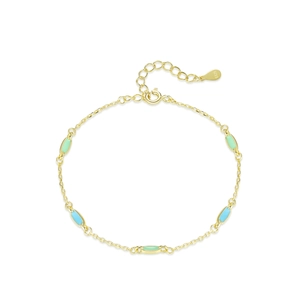 Elegant S925 sterling silver bracelet with five oval light blue and green enamel charms
