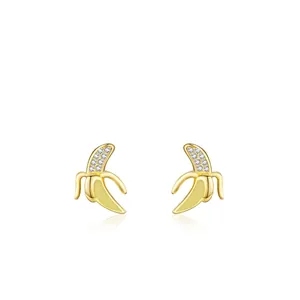 925 Sterling Silver Banana Stud Earrings For Women Cute Fruit Shape Yellow Enamel Rhinestone Inlaid Hypoallergenic Jewelry