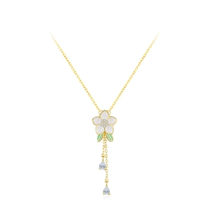 Collier orchidée en argent S925 avec émail blanc et pampilles de zircons brillants