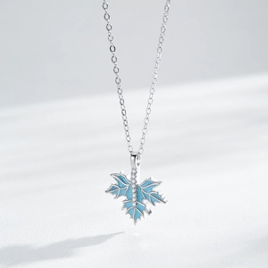 S925 sterling silver necklace with blue enamel maple leaf pendant and cubic zirconia