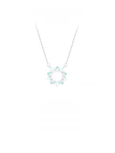Detail view of S925 silver sunflower pendant necklace with blue stones and zircon stones