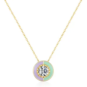 Collier Pendentif Rond en Argent Sterling 925 Zirconia et Émail pour Femme Bijoux Géométriques Plaqué Or Violet Vert
