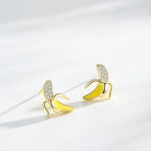 S925 silver tiny banana stud earrings with yellow enamel and micro-pave crystals