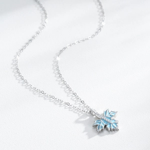 S925 sterling silver maple leaf necklace with blue enamel and micro-pave cubic zirconia