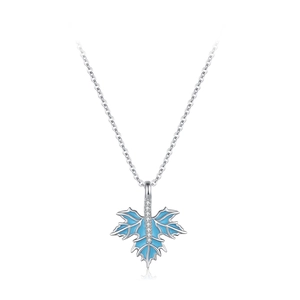 S925 sterling silver maple leaf necklace with blue enamel and sparkling zircon accents