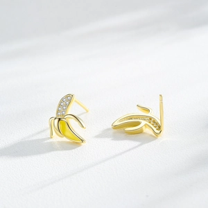 Creative S925 silver banana stud earrings with yellow enamel and sparkling zircon accents