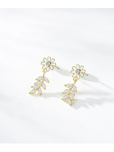 Detail of S925 sterling silver daisy earrings with enamel petals and zircon leaves