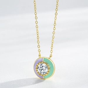 Collier en argent S925 avec pendentif rond en émail bicolore et pierre brillante