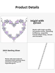 Detail of S925 silver necklace with purple enamel hearts and sparkling zircon stones