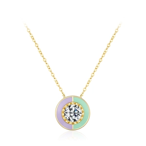 Collier en argent S925 doré avec pendentif rond en émail et zircon blanc étincelant