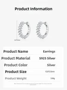 Détails techniques des créoles en argent S925 avec zircone, taille 13,8x3,5mm et poids 3g