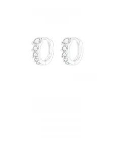 Detail view of S925 sterling silver hoop earrings with five inlaid cubic zirconia stones