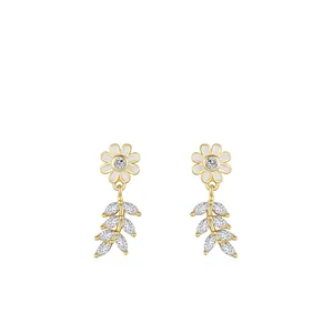 925 Sterling Silver Daisy Flower Drop Earrings For Women Elegant Enamel White Petal Leaf Inlaid Zirconia Dangle Earrings Jewelry