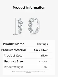 Detailed size chart for S925 sterling silver hoop earrings with zircon dimensions