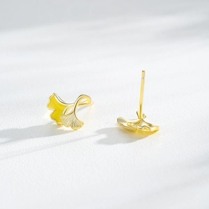 S925 silver ginkgo leaf stud earrings with yellow enamel and 14k gold plating