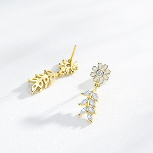 S925 silver daisy earrings with enamel petals and sparkling marquise zircon leaves