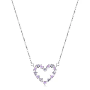 925 Sterling Silver Heart Pendant Necklace For Women Sweet Purple Rhinestone Enamel Clavicle Chain Jewelry Gift