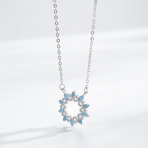 S925 silver sunflower necklace with turquoise blue pendant and cubic zirconia