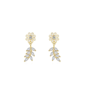 S925 silver daisy earrings with white enamel petals and marquise-cut zircon leaf drops