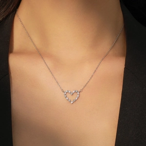 S925 sterling silver heart necklace with pink enamel and white zircon on model