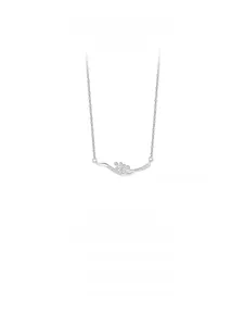 Macro view of S925 silver leaf pendant with pink zircon inlay on a delicate chain