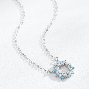 S925 silver sunflower necklace with turquoise pendant and white stones on O-chain