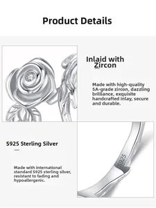 Macro detail of S925 sterling silver rose ring with 5A zircon inlay and hallmark