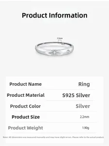 Detailed S925 silver star ring specifications showing 1.90g weight and 2.2mm width size