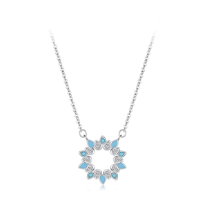 S925 silver sunflower necklace with turquoise and sparkling diamonds on a white background