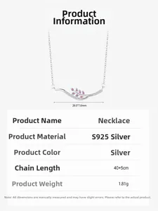 Detail view of S925 silver leaf pendant necklace with pink zircon and size measurements