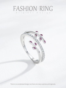 Macro shot of S925 sterling silver branch ring with pink stones and zircons