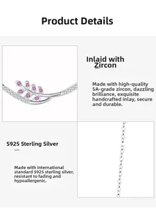 Detail view of S925 sterling silver necklace with pink olive leaf zirconia pendant