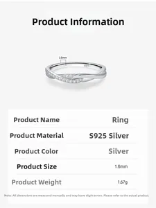 Detailed specs of S925 silver crisscross ring showing 1.6mm width and 1.67g weight