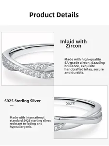 Macro detail of S925 sterling silver Mobius ring with premium 5A zircon hand-set stones