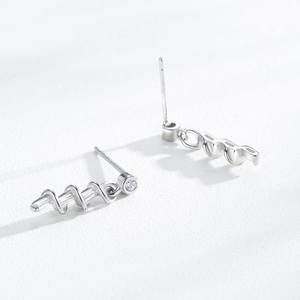 Silver wave spiral earrings for women with micro-inlaid diamonds in a minimalist design