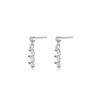 Silver wavy spiral drop earrings with clear zircons on a clean white background