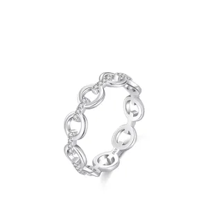 925 Sterling Silver Chain Link Ring For Women Geometric Zirconia Inlaid Stackable Minimalist Finger Ring Jewelry Gift