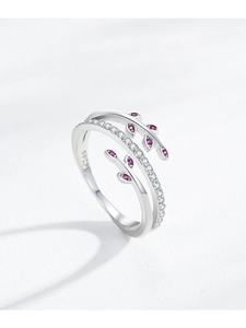 Detailed macro of S925 sterling silver leaf ring with pink and white cubic zirconia