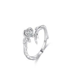 925 Sterling Silver Rose Flower Zirconia Ring For Women Minimalist Niche Design Plant Branch Texture Finger Ring Jewelry Gift