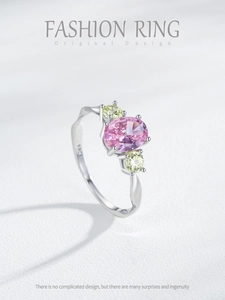 Close-up of S925 silver ring featuring pink oval stone and S925 hallmark