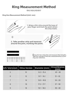 Detailed ring size chart with USA and China measurements for diameter and circumference