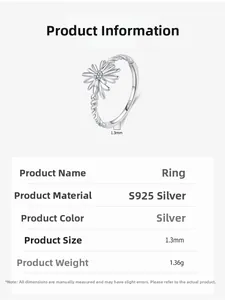 Macro detail of S925 sterling silver daisy ring showing 1.3mm width and 1.36g weight