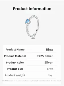 Detailed specs of S925 silver heart ring featuring twisted band and blue gemstone macro